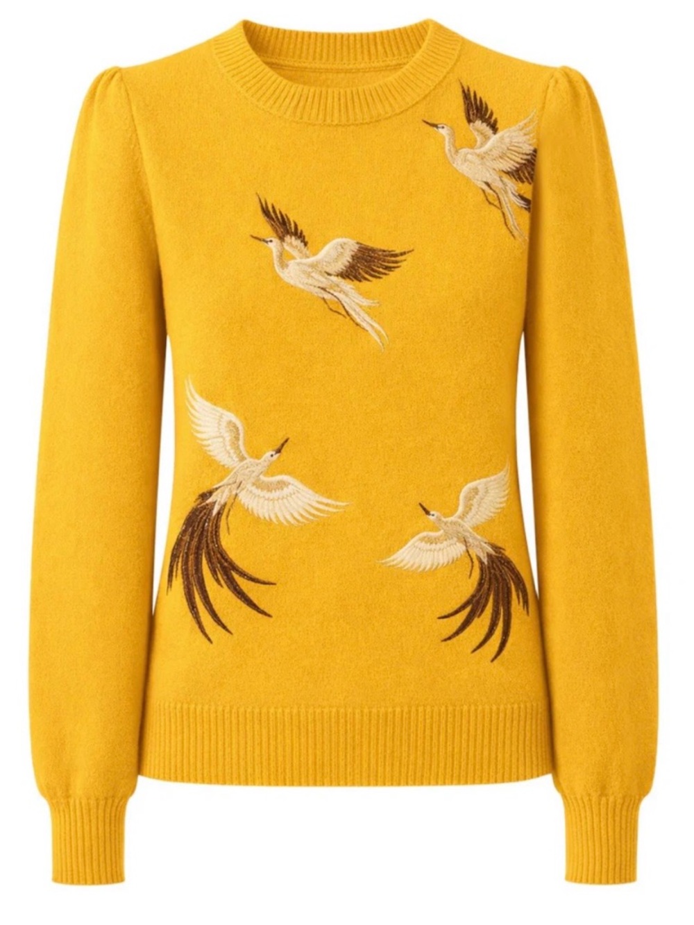 OXKNIT Women's Crew Neck Sweater in Mustard with Embroidered Cranes